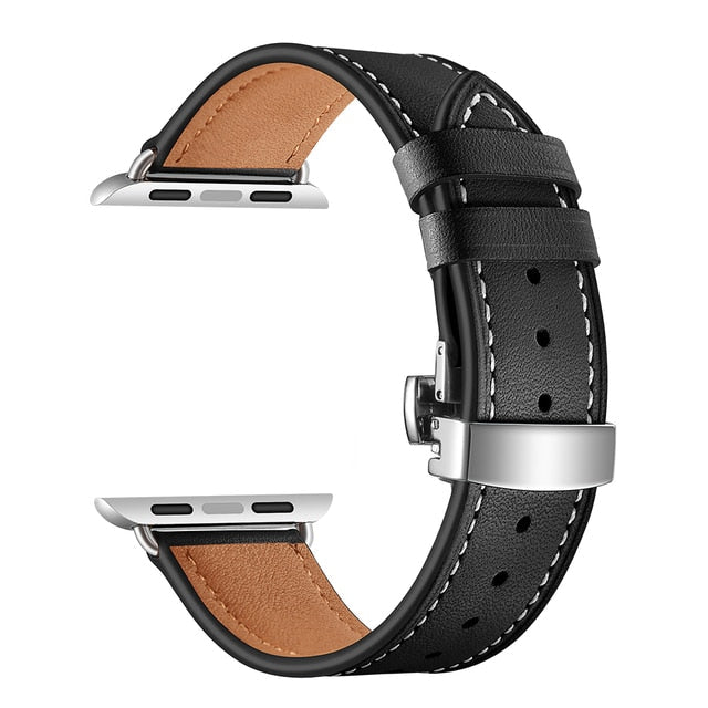 Black Premium Butterfly Clasp Leather Apple Watch Strap