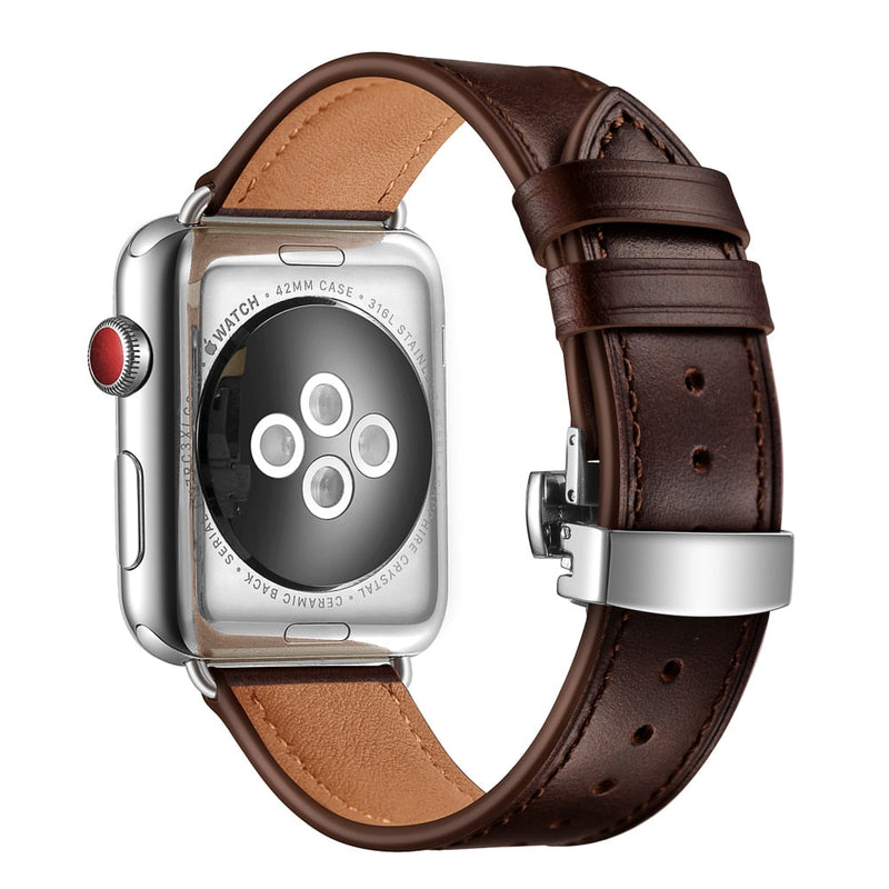 Dark Brown Premium Butterfly Clasp Leather Apple Watch Strap