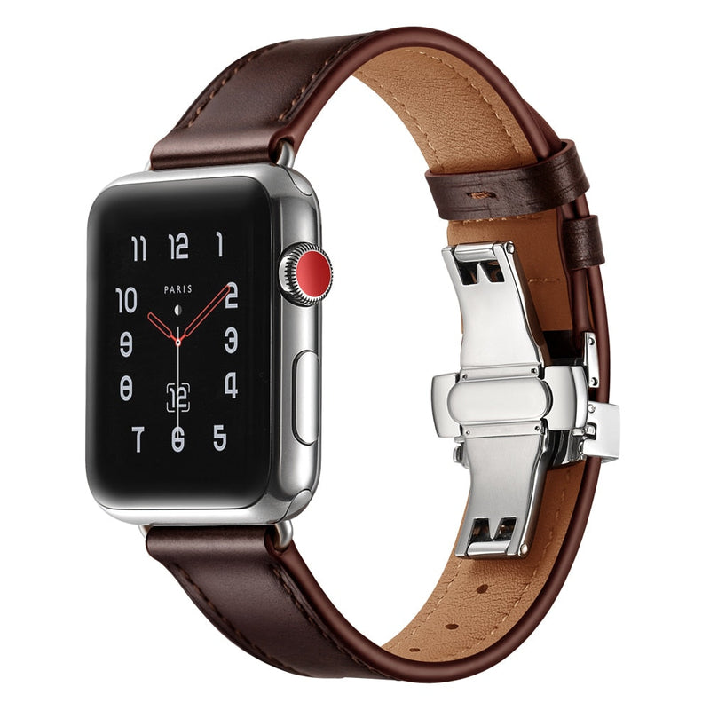 Dark Brown Premium Butterfly Clasp Leather Apple Watch Strap