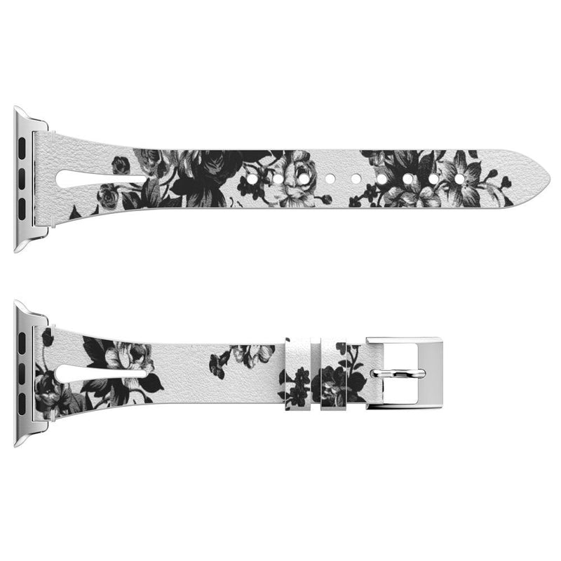 White Floral Slim Leather Apple Watch Strap